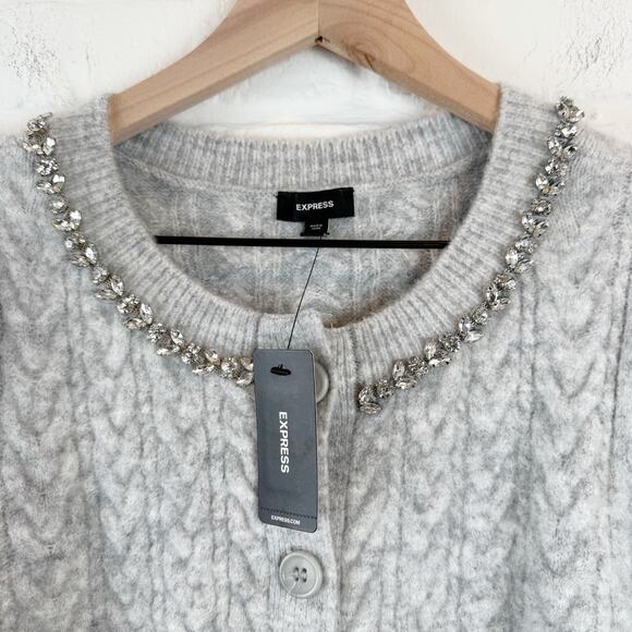Express Gray Cozy Cable Knit Jewel Embellished Short Sleeve Cardigan Sweater M - Picture 3 of 11